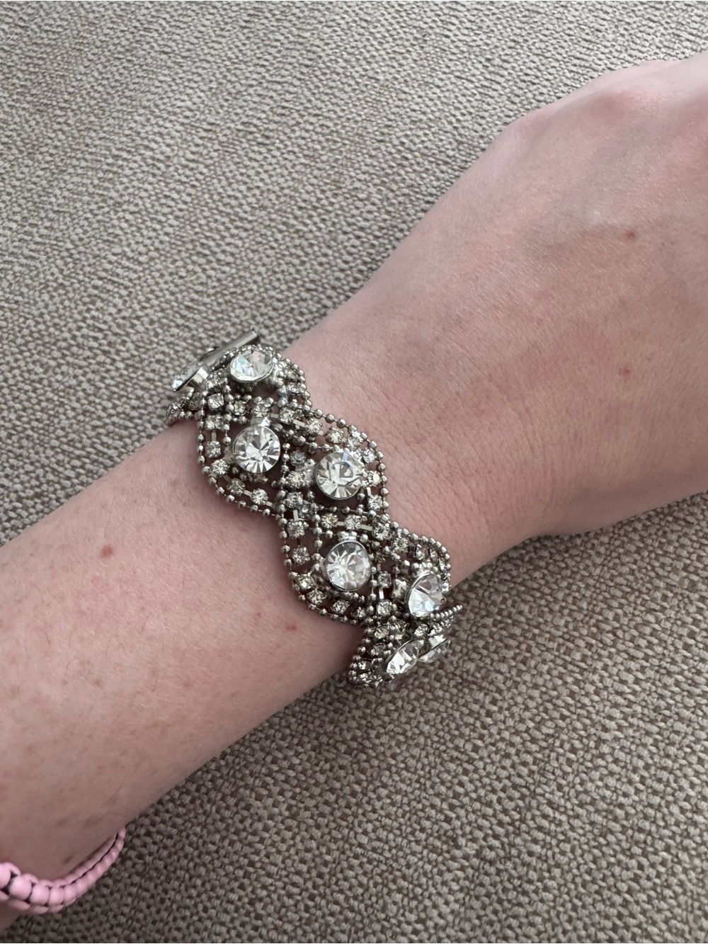 Rhinestone-Embellished Silver Ornate Statement Bracelet